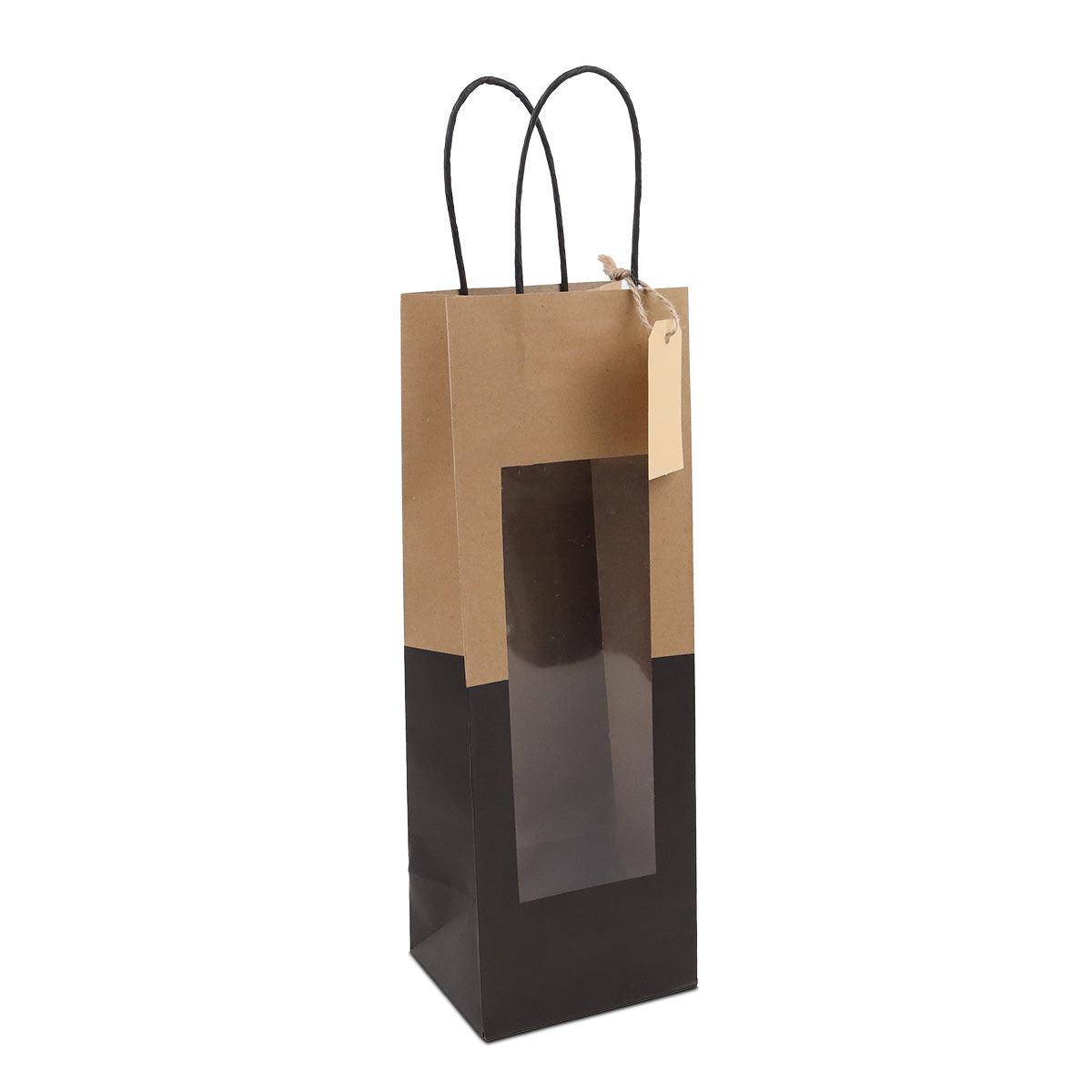 Twisted papieren cadeau draagtasjes met een venster en papieren hangtag