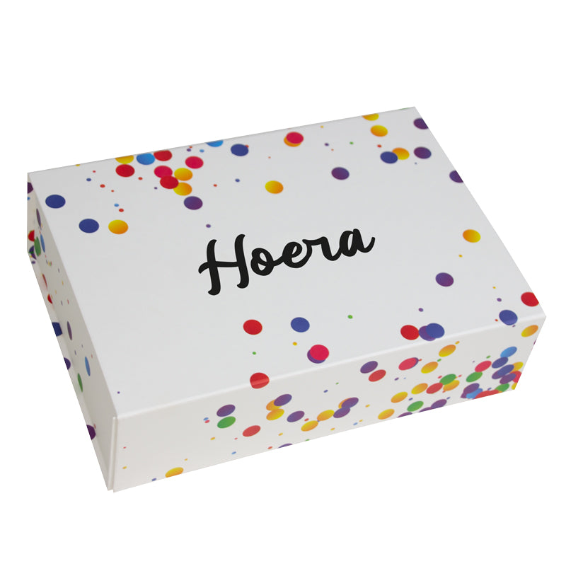 Confetti magneetdozen opdruk Hoera