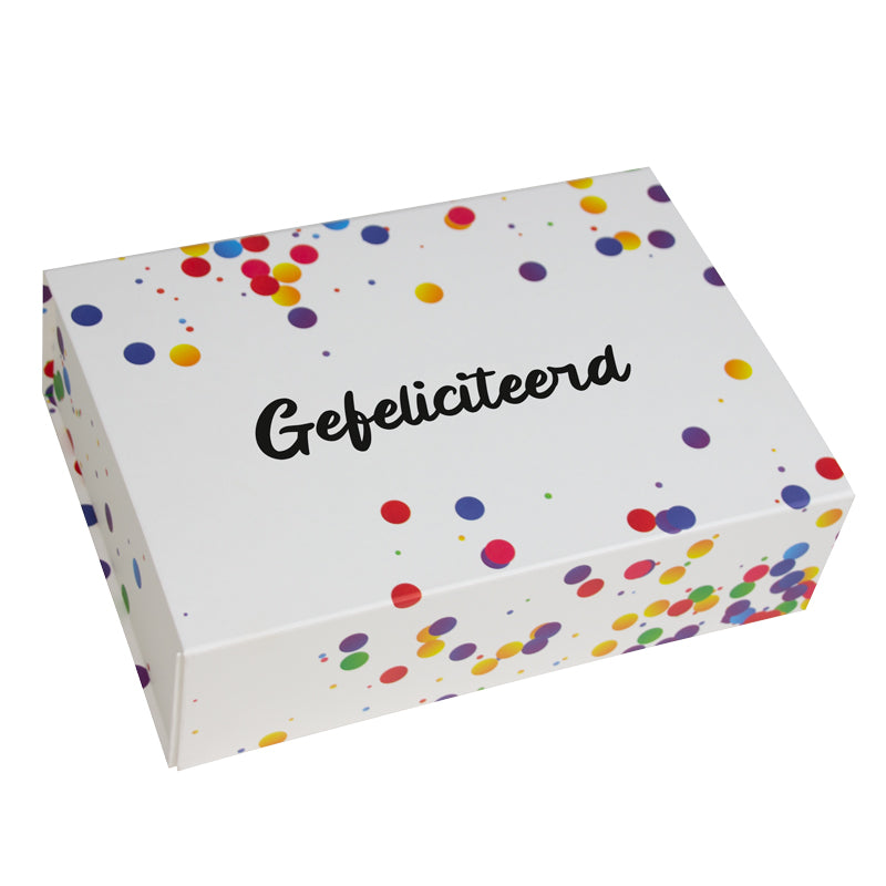 Confetti magneetdozen opdruk Gefeliciteerd