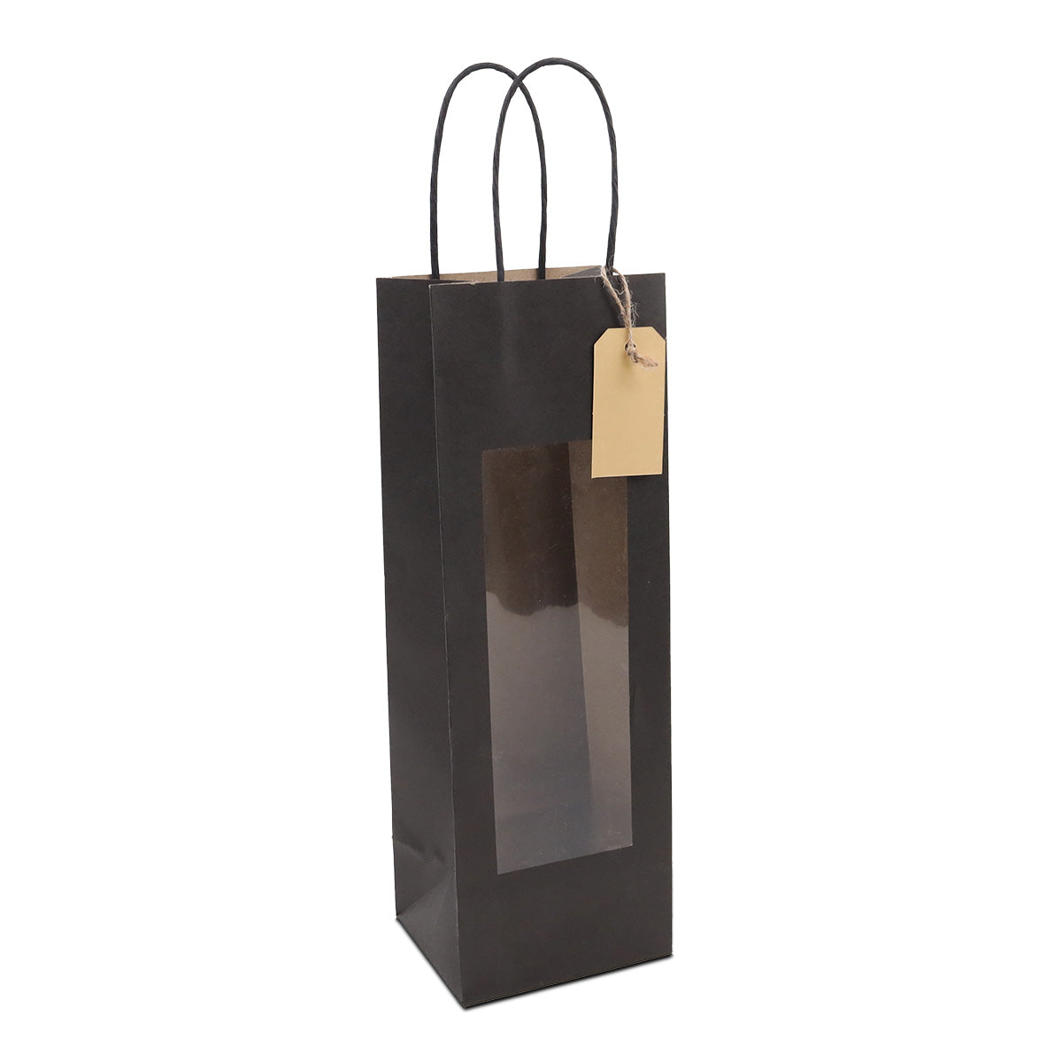Twisted papieren cadeau draagtasjes met een venster en papieren hangtag
