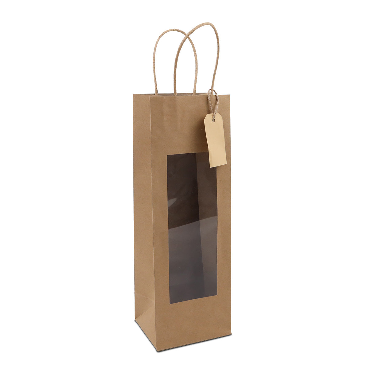 Twisted papieren cadeau draagtasjes met een venster en papieren hangtag