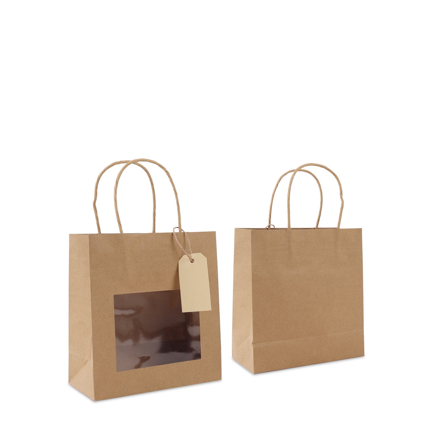 Twisted papieren cadeau draagtasjes met een venster en papieren hangtag