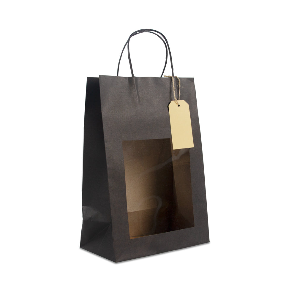 Twisted papieren cadeau draagtasjes met een venster en papieren hangtag