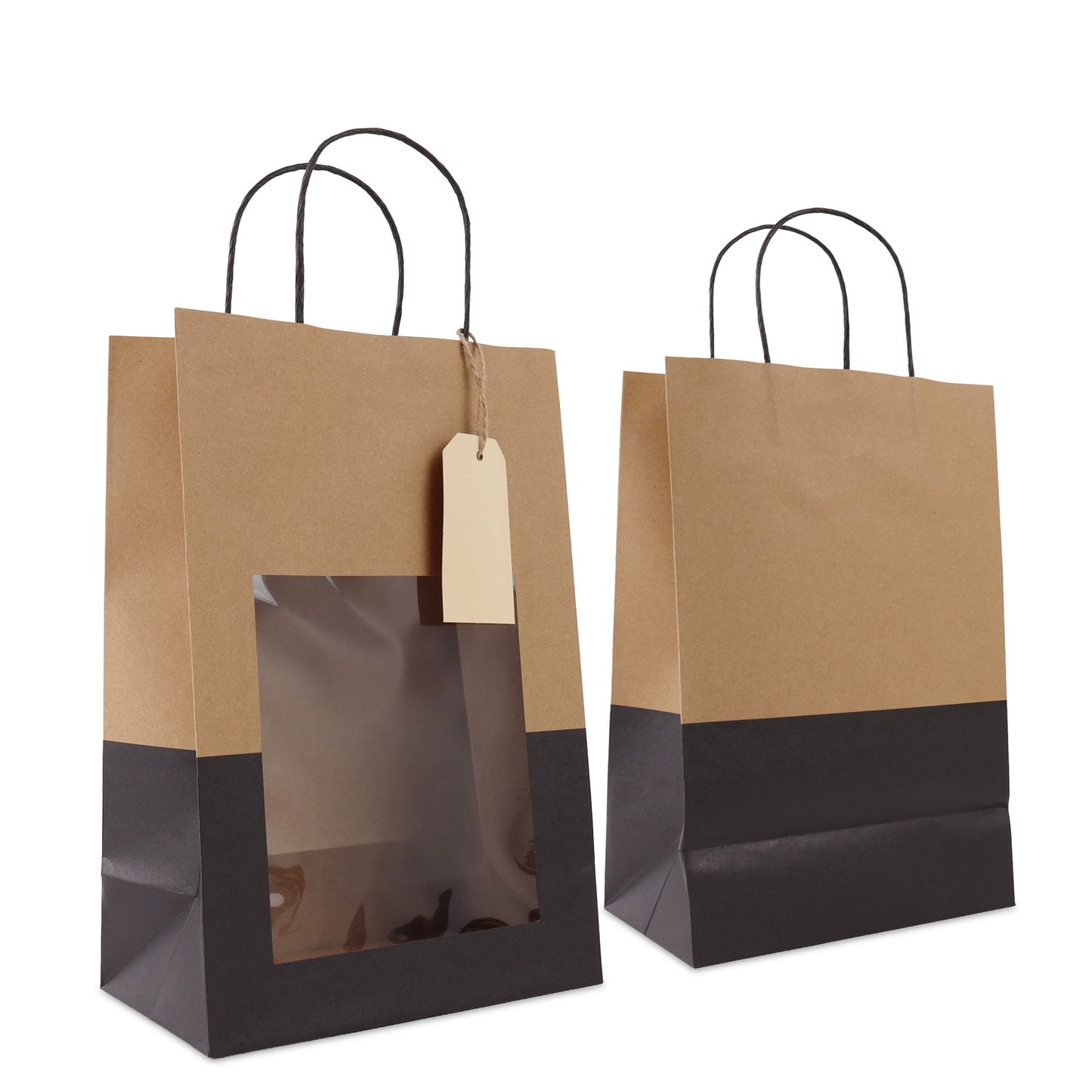 Twisted papieren cadeau draagtasjes met een venster en papieren hangtag