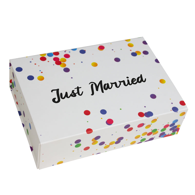 Confetti magneetdozen opdruk Just Married