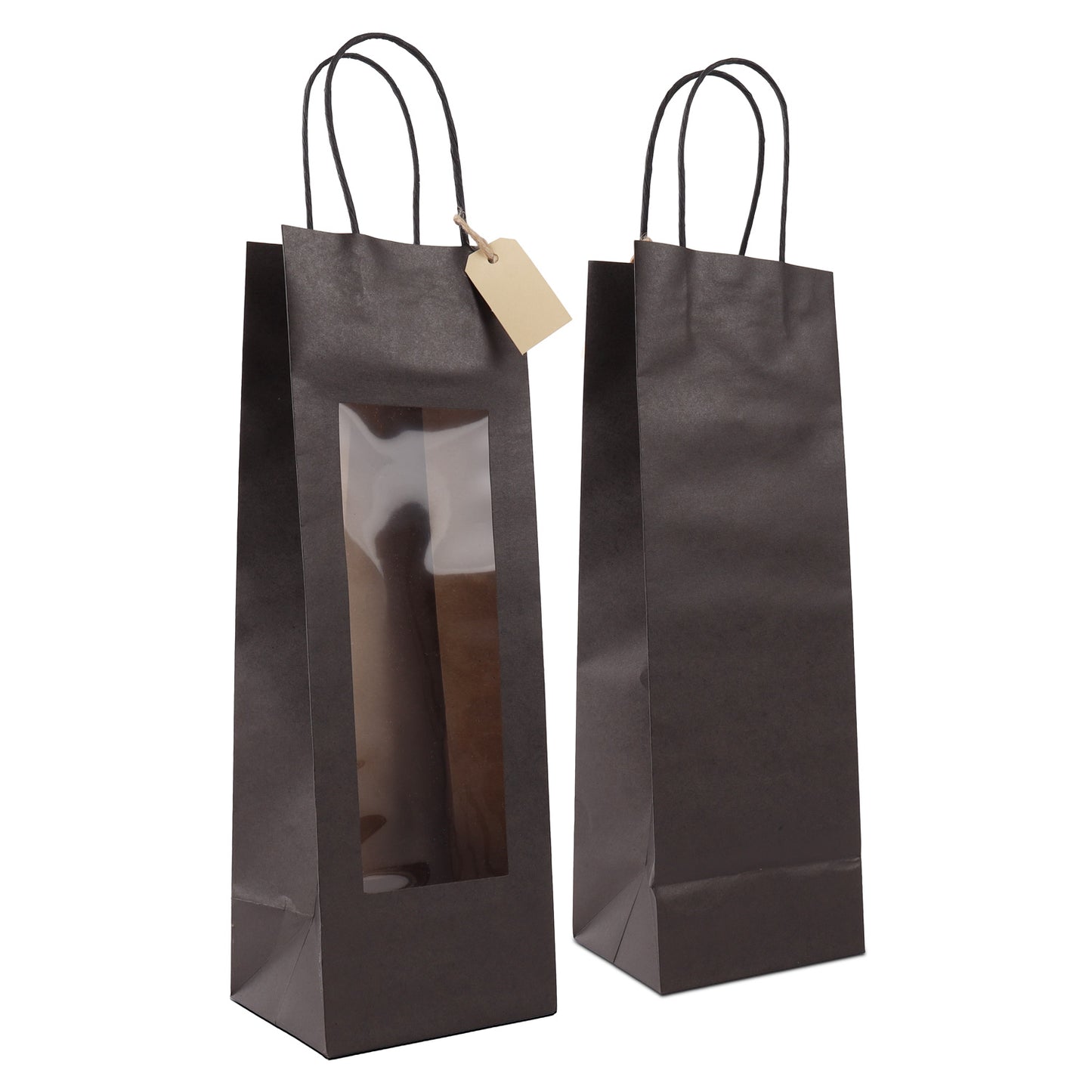 Twisted papieren cadeau draagtasjes met een venster en papieren hangtag