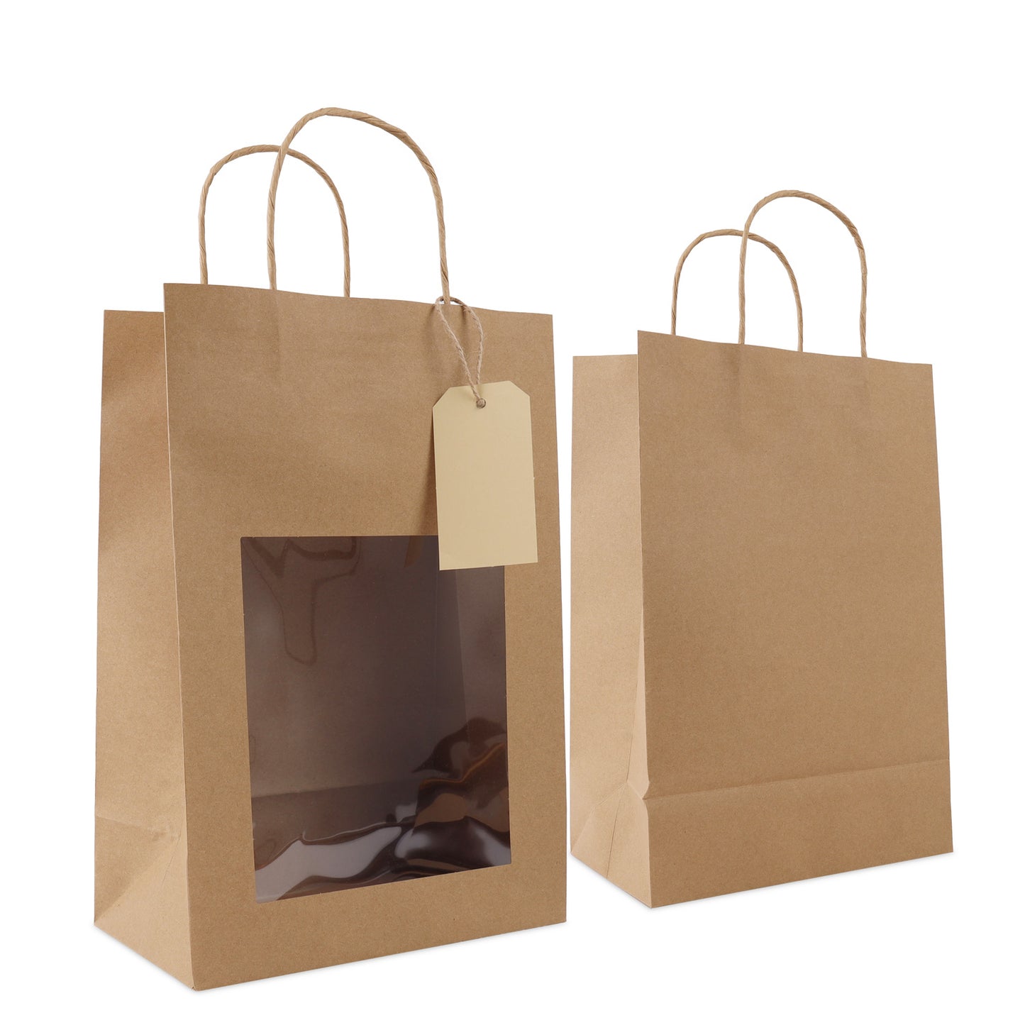 Twisted papieren cadeau draagtasjes met een venster en papieren hangtag