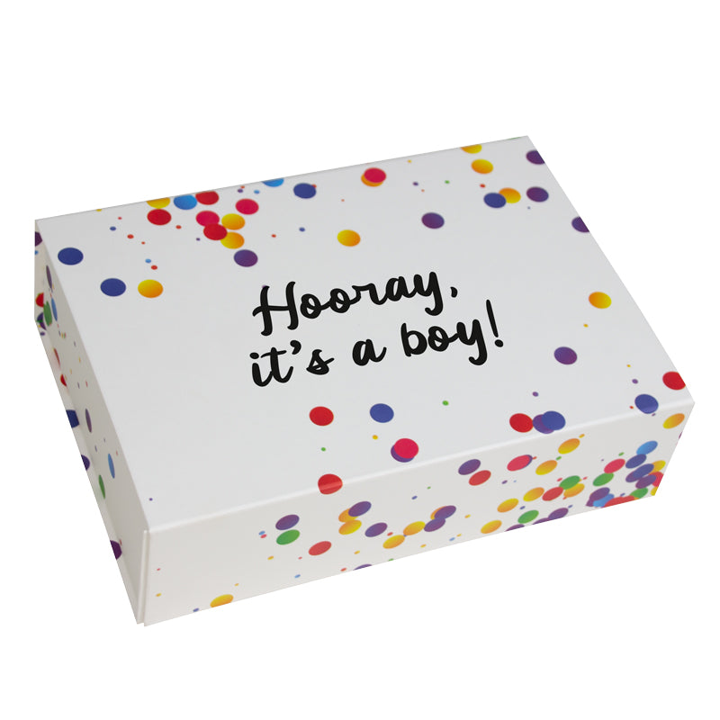 Confetti magneetdozen opdruk Hooray it's a boy!