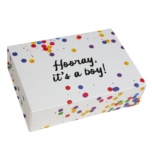 Confetti magneetdozen opdruk Hooray it's a boy!