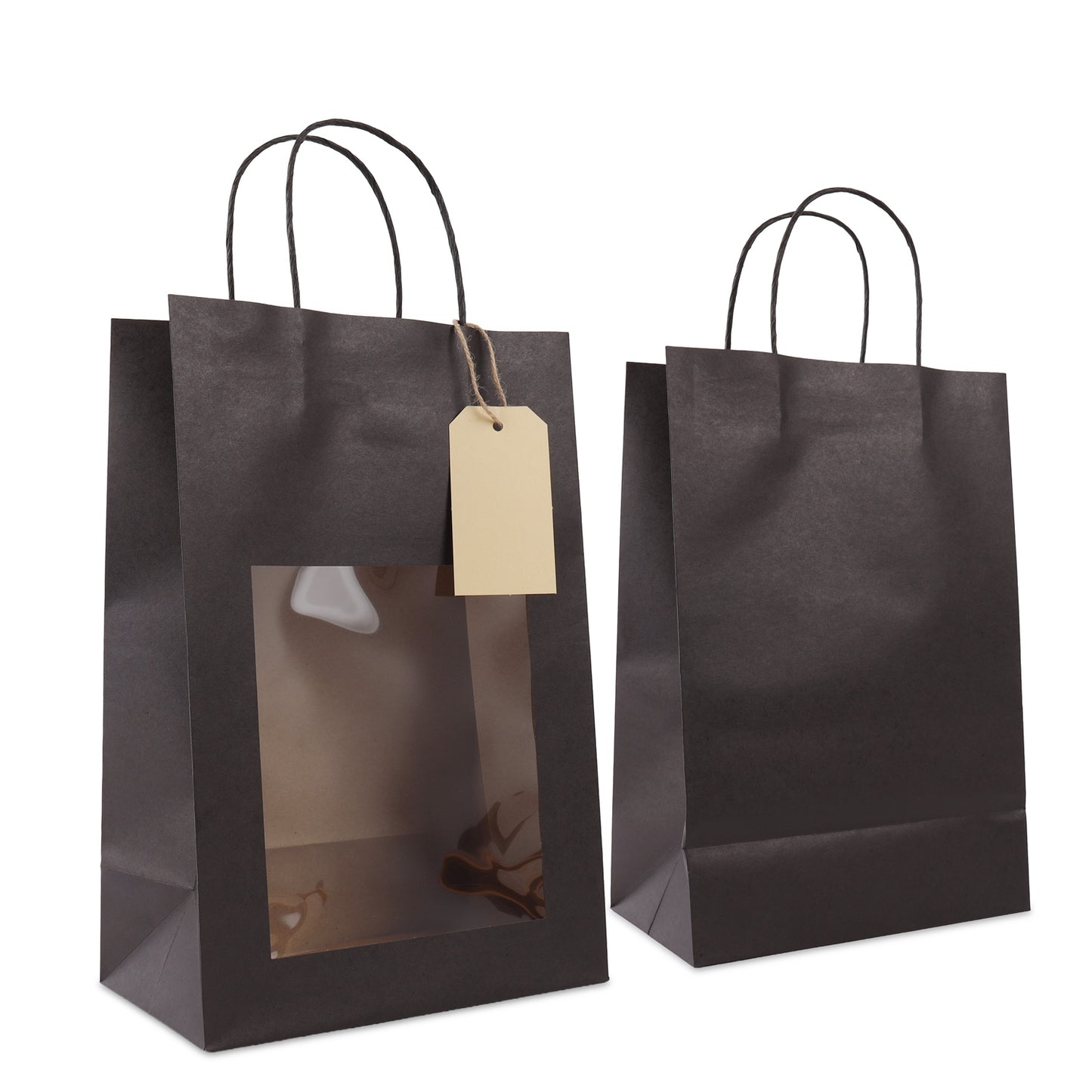 Twisted papieren cadeau draagtasjes met een venster en papieren hangtag