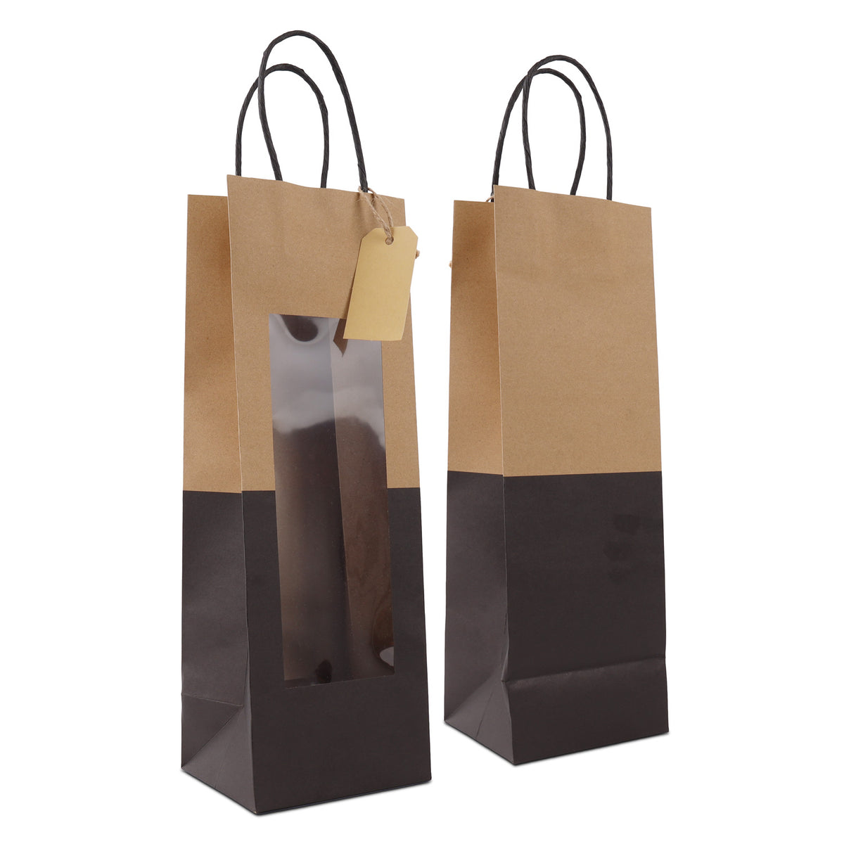 Twisted papieren cadeau draagtasjes met een venster en papieren hangtag