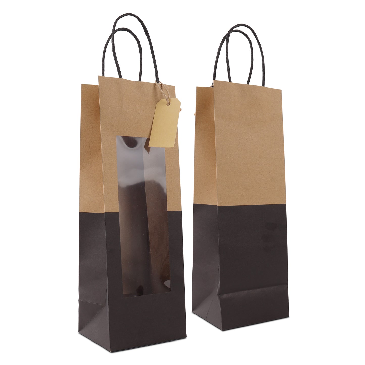Twisted papieren cadeau draagtasjes met een venster en papieren hangtag