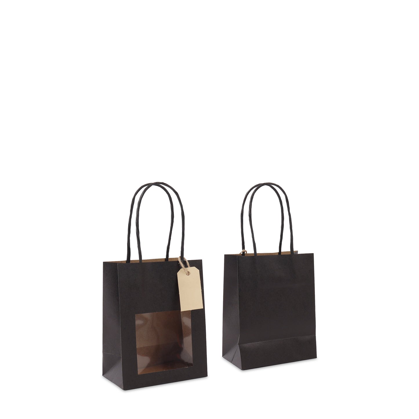 Twisted papieren cadeau draagtasjes met een venster en papieren hangtag